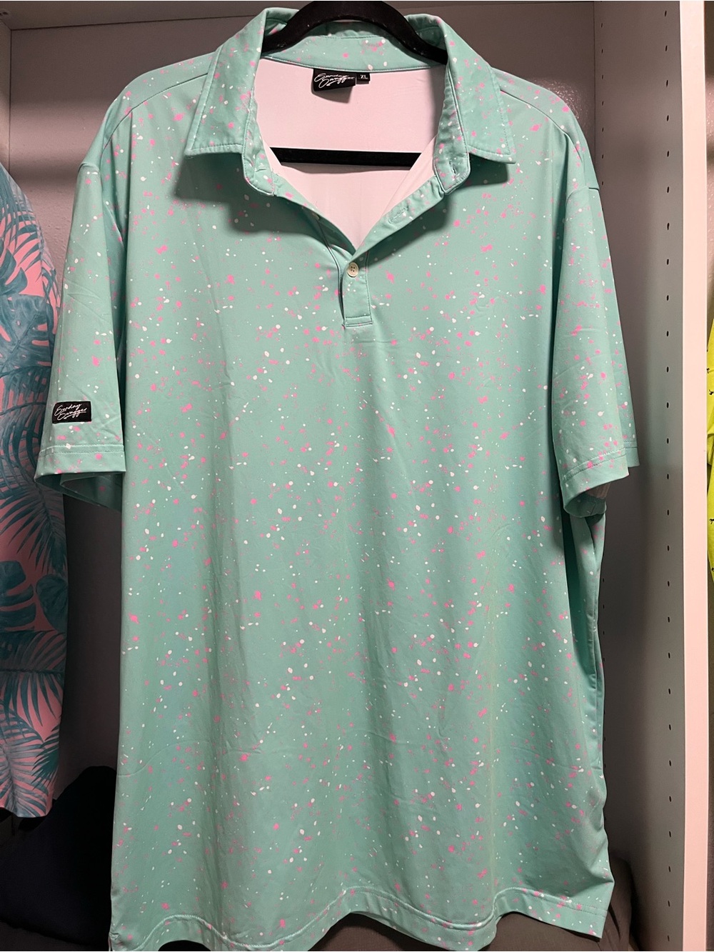 Sunday Swagger Mint Polo Shirt with Pink Splatter